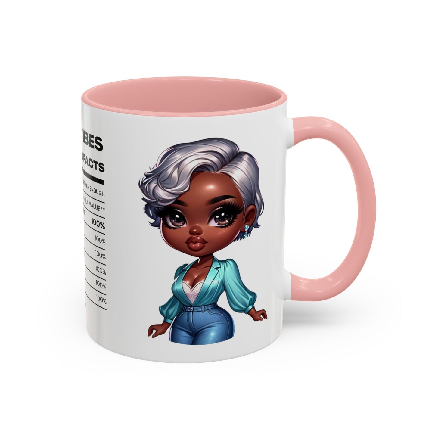 Aunty Vibes Coffee and Faith Filled Nutrition Facts Afrocentric White Mug with Contrasting Colors 11 oz