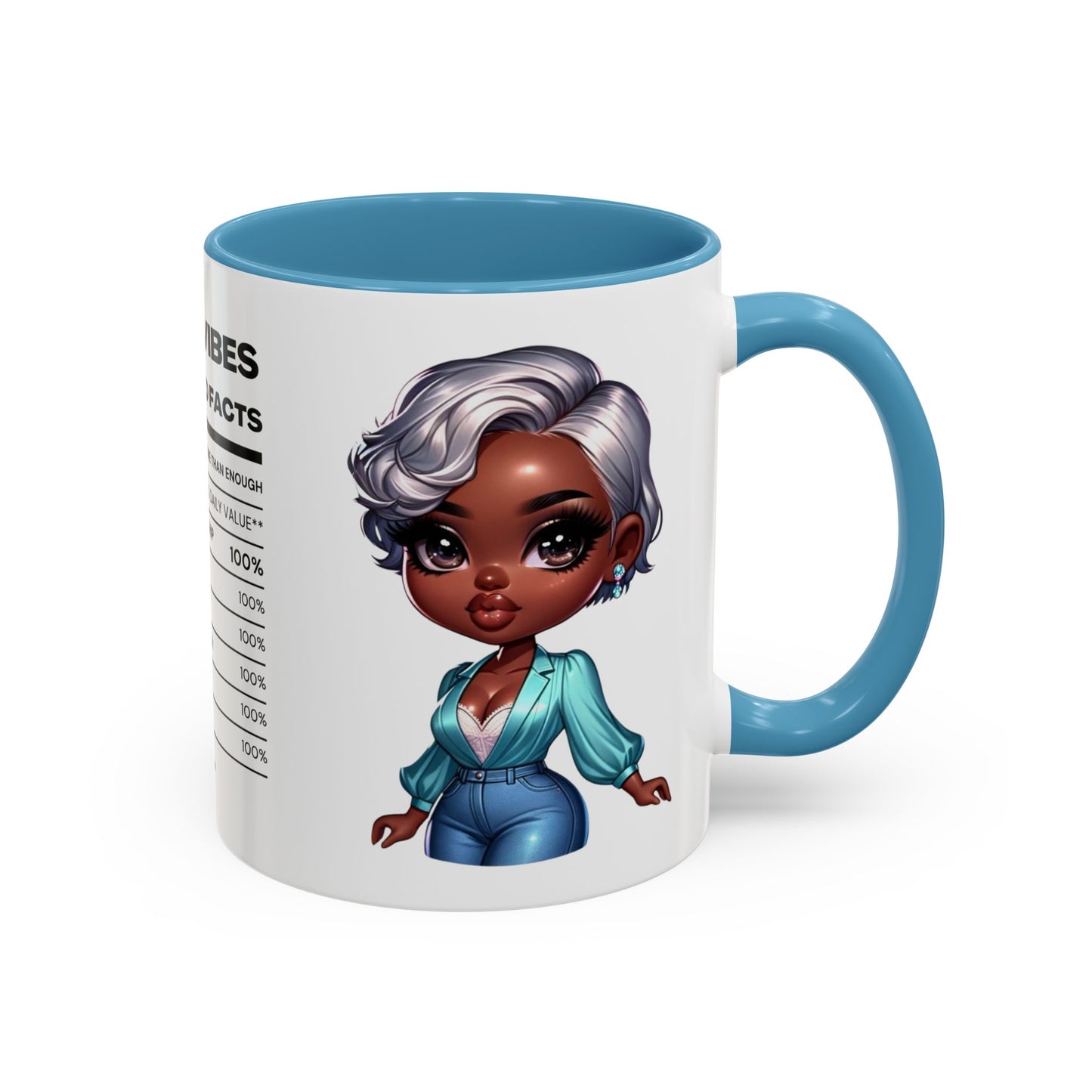 Aunty Vibes Coffee and Faith Filled Nutrition Facts Afrocentric White Mug with Contrasting Colors 11 oz