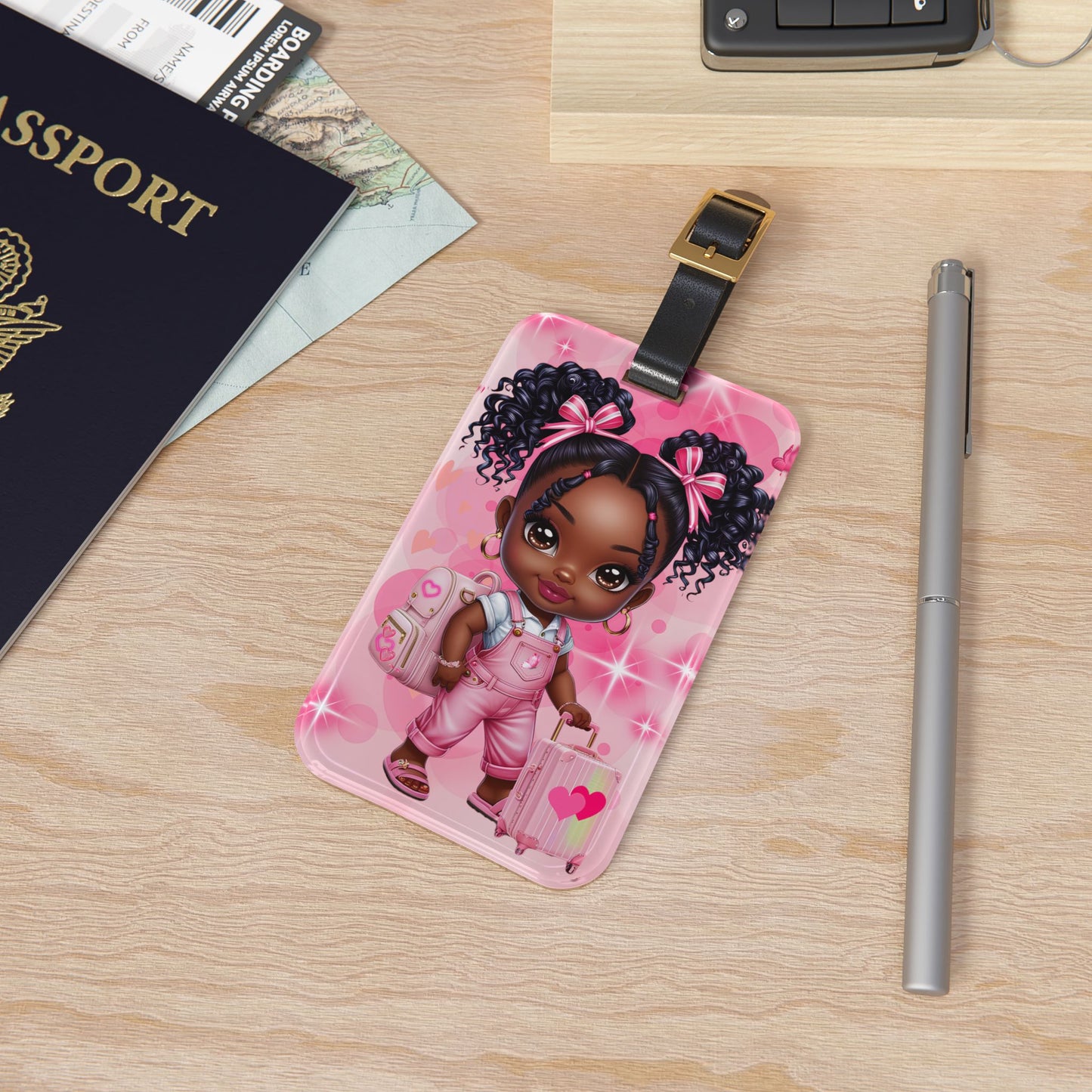 Pink Luggage Tag with African American Girl Design - Perfect Travel Accessory for Little Girls