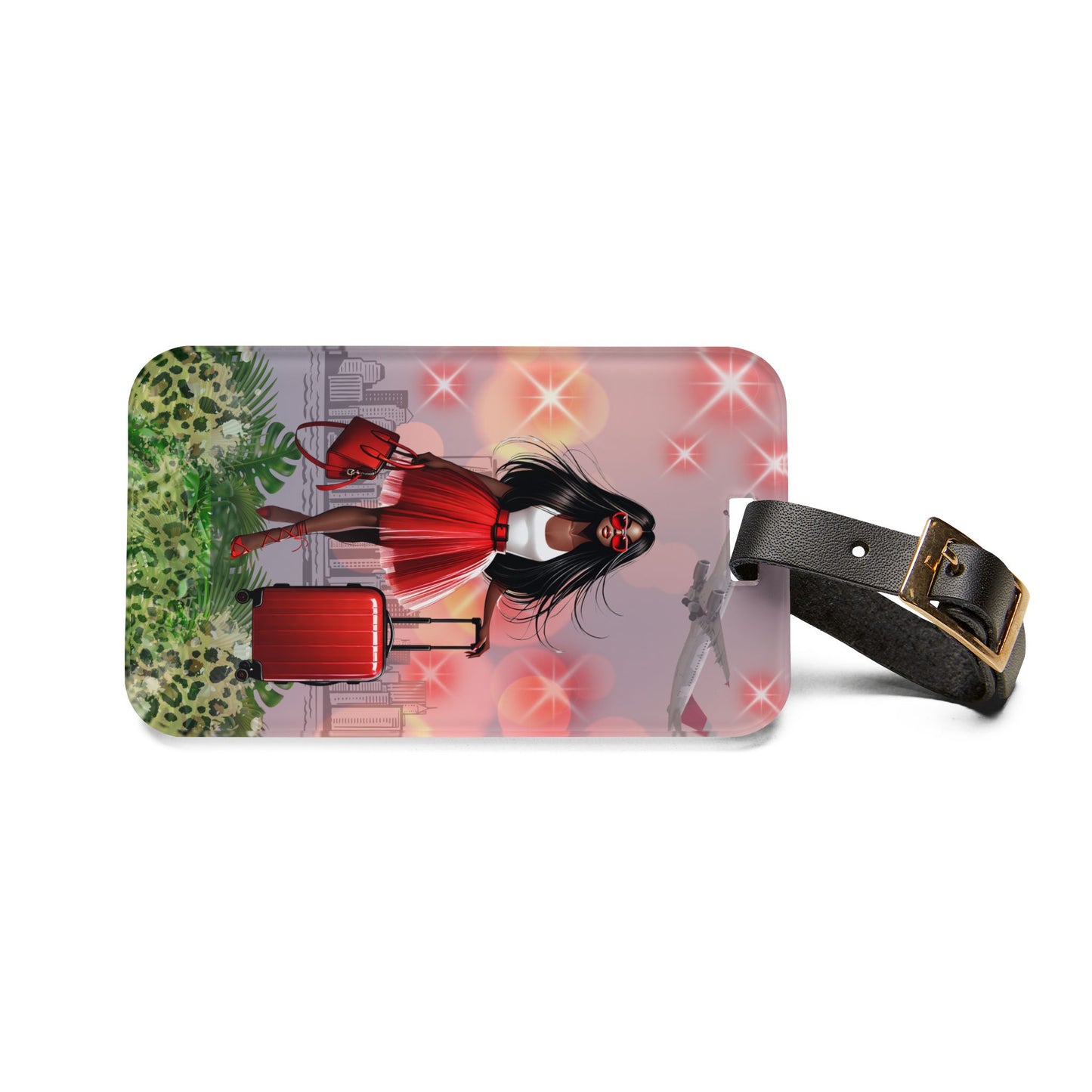 Chic Travel Luggage Tag Stylish African American Woman with Red Suitcase Design