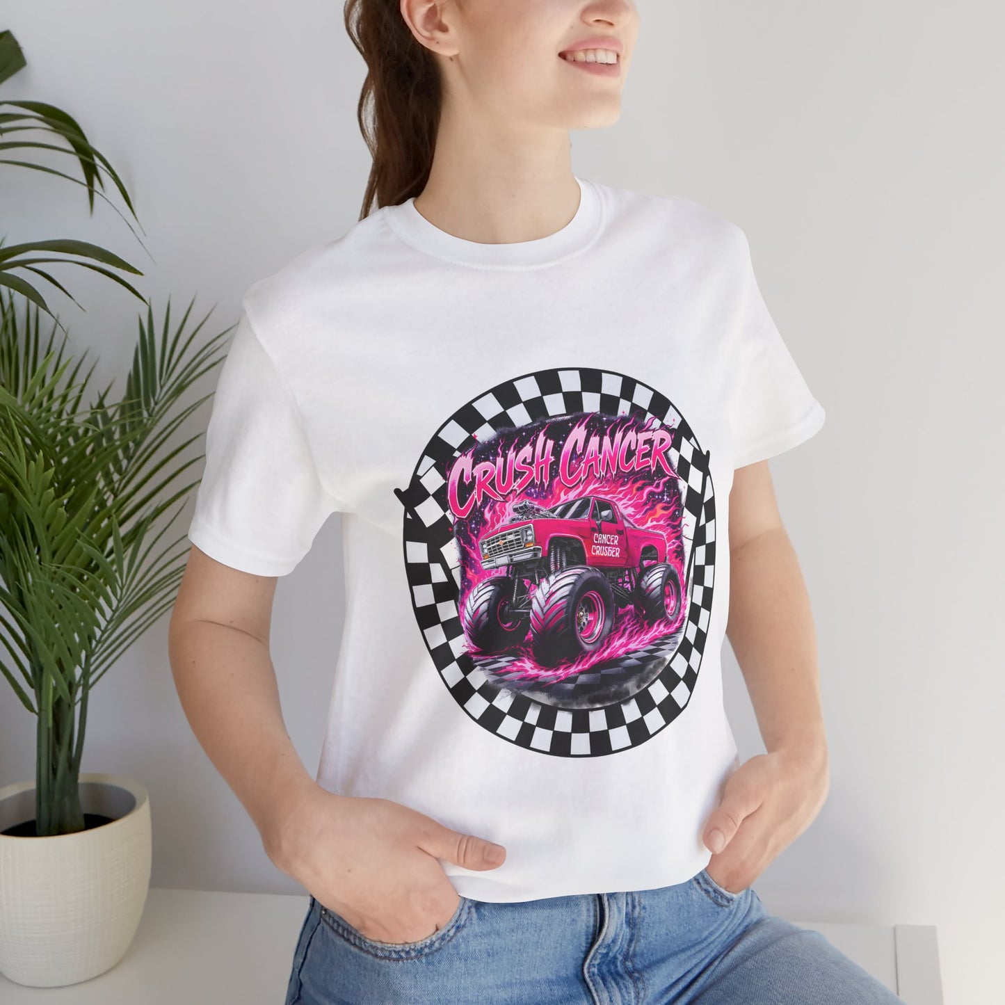 Pink Monster Truck "Crush Cancer" Breast Cancer Awareness T-Shirt – Black & White Checkered Graphic Tee