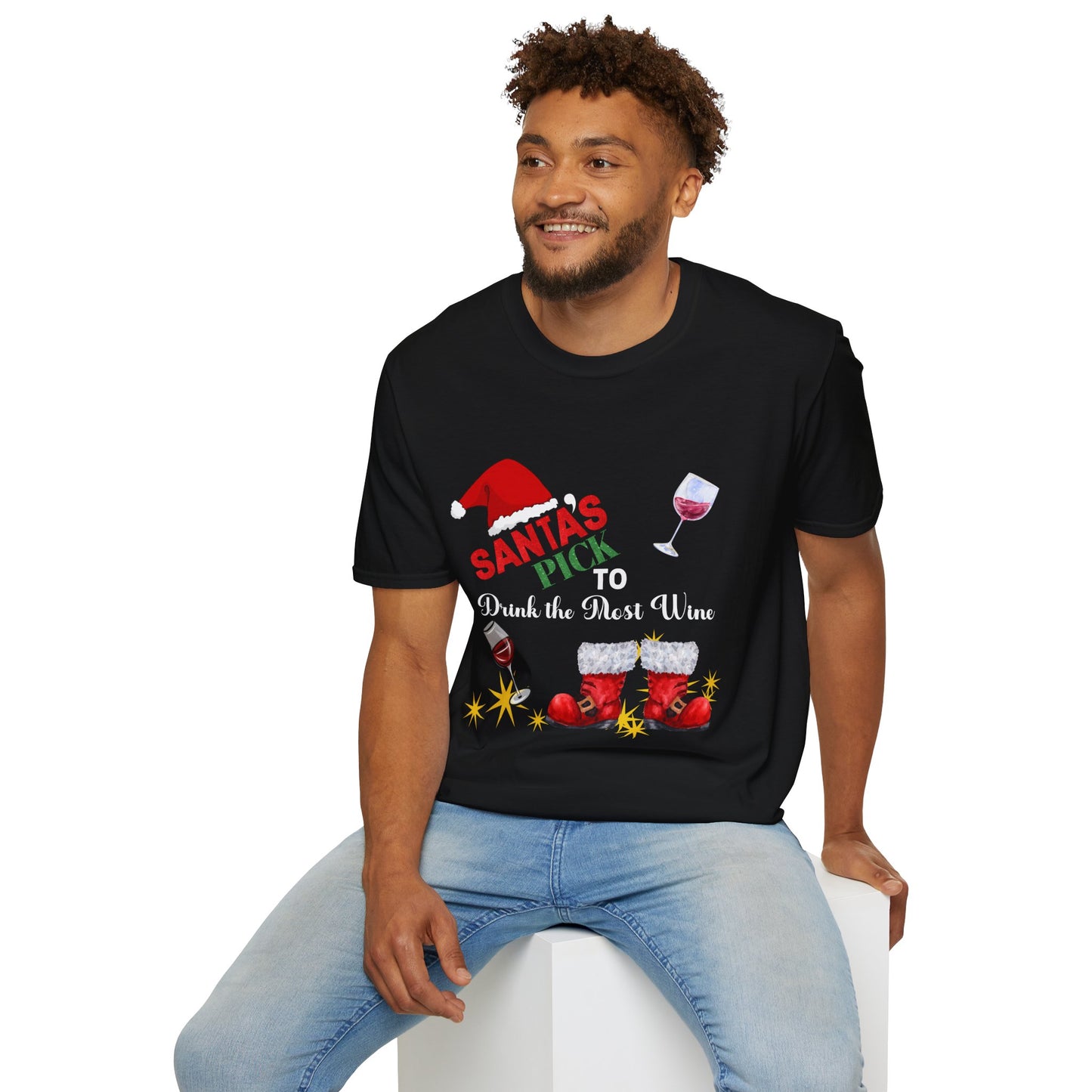1A - Funny Christmas Unisex T-Shirt Santa's Pick To Drink The Most Wine