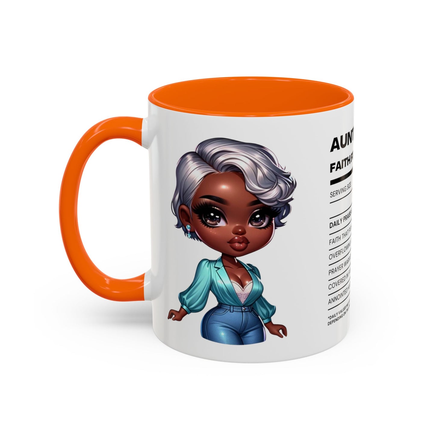 Aunty Vibes Coffee and Faith Filled Nutrition Facts Afrocentric White Mug with Contrasting Colors 11 oz
