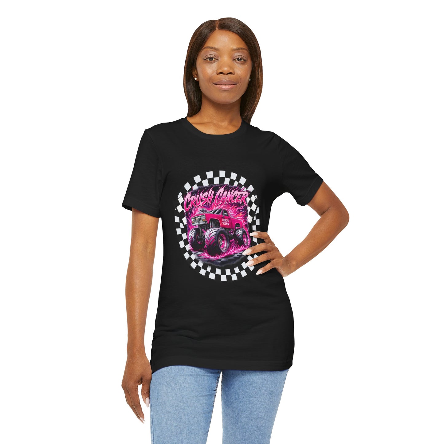 Pink Monster Truck "Crush Cancer" Breast Cancer Awareness T-Shirt – Black & White Checkered Graphic Tee