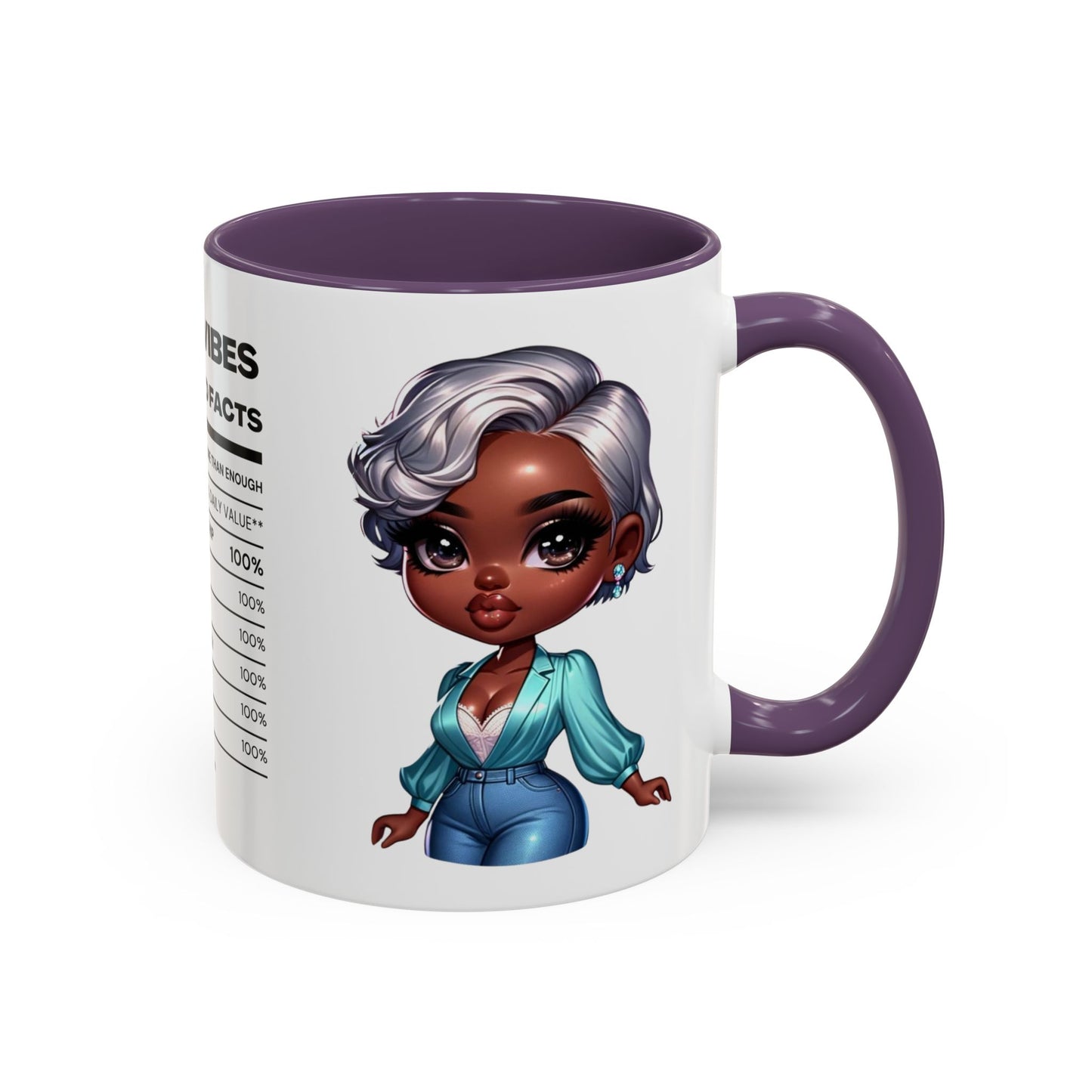 Aunty Vibes Coffee and Faith Filled Nutrition Facts Afrocentric White Mug with Contrasting Colors 11 oz