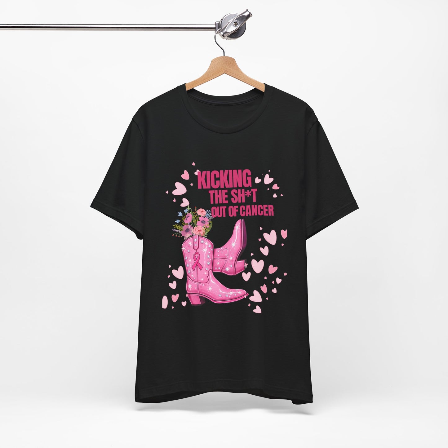 Kicking the Sh*t Out of Cancer Shirt – Pink Glitter Cowgirl Boots Tee, Breast Cancer Awareness Graphic, Bold Survivor Shirt, Multiple Colors and Sizes