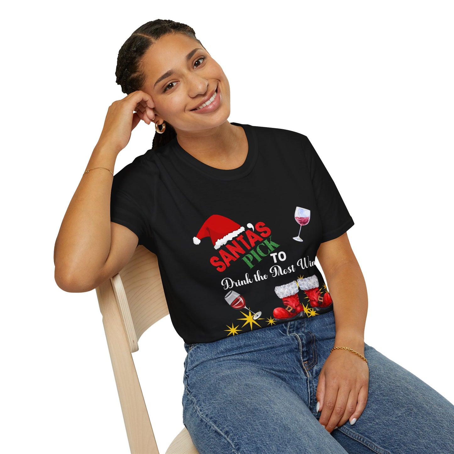 1A - Funny Christmas Unisex T-Shirt Santa's Pick To Drink The Most Wine