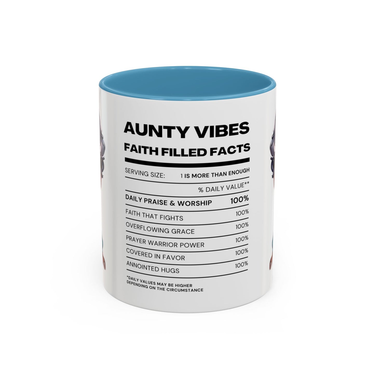 Aunty Vibes Coffee and Faith Filled Nutrition Facts Afrocentric White Mug with Contrasting Colors 11 oz