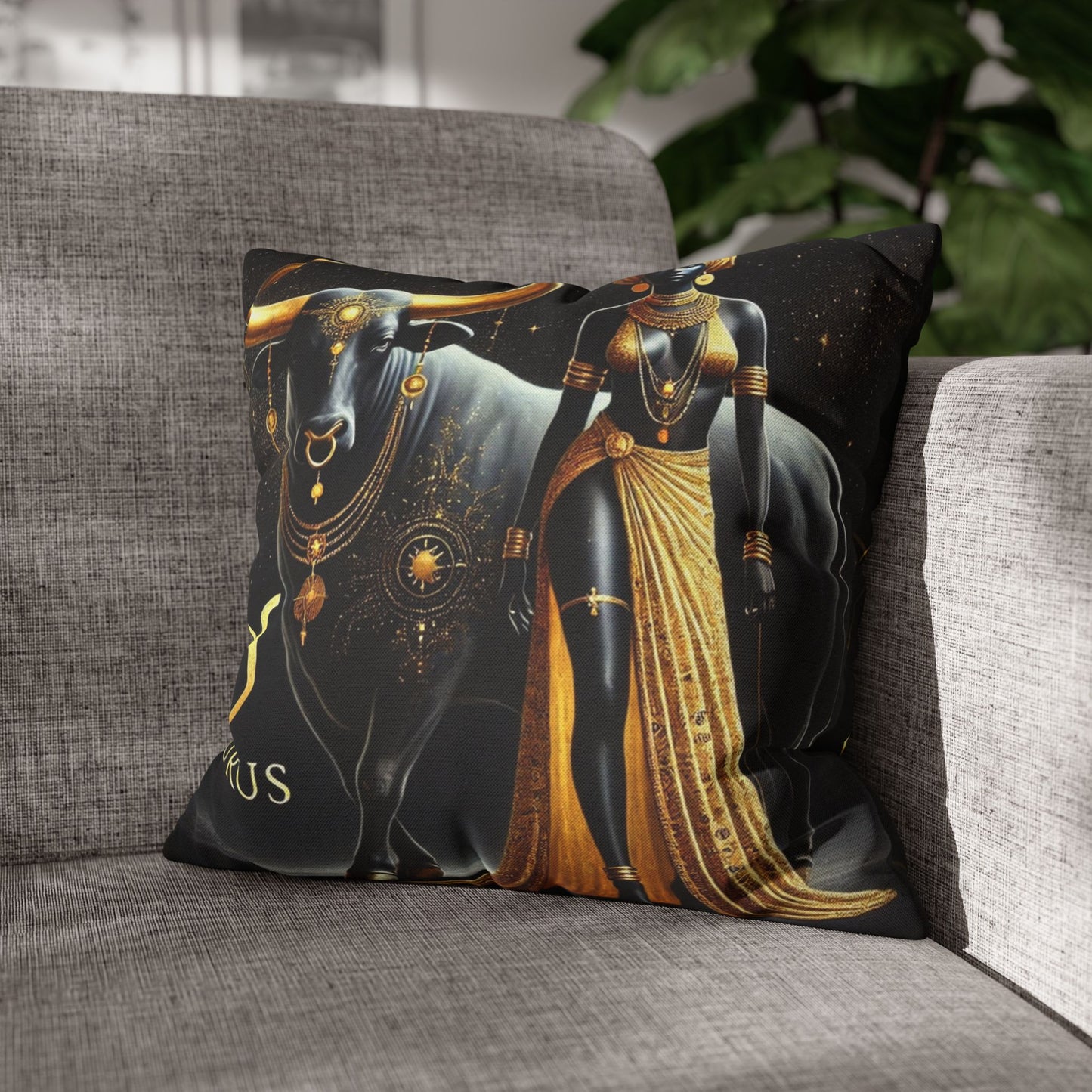 African Queen and Taurus The Bull Zodiac Statement Piece Pillowl for Home Decor