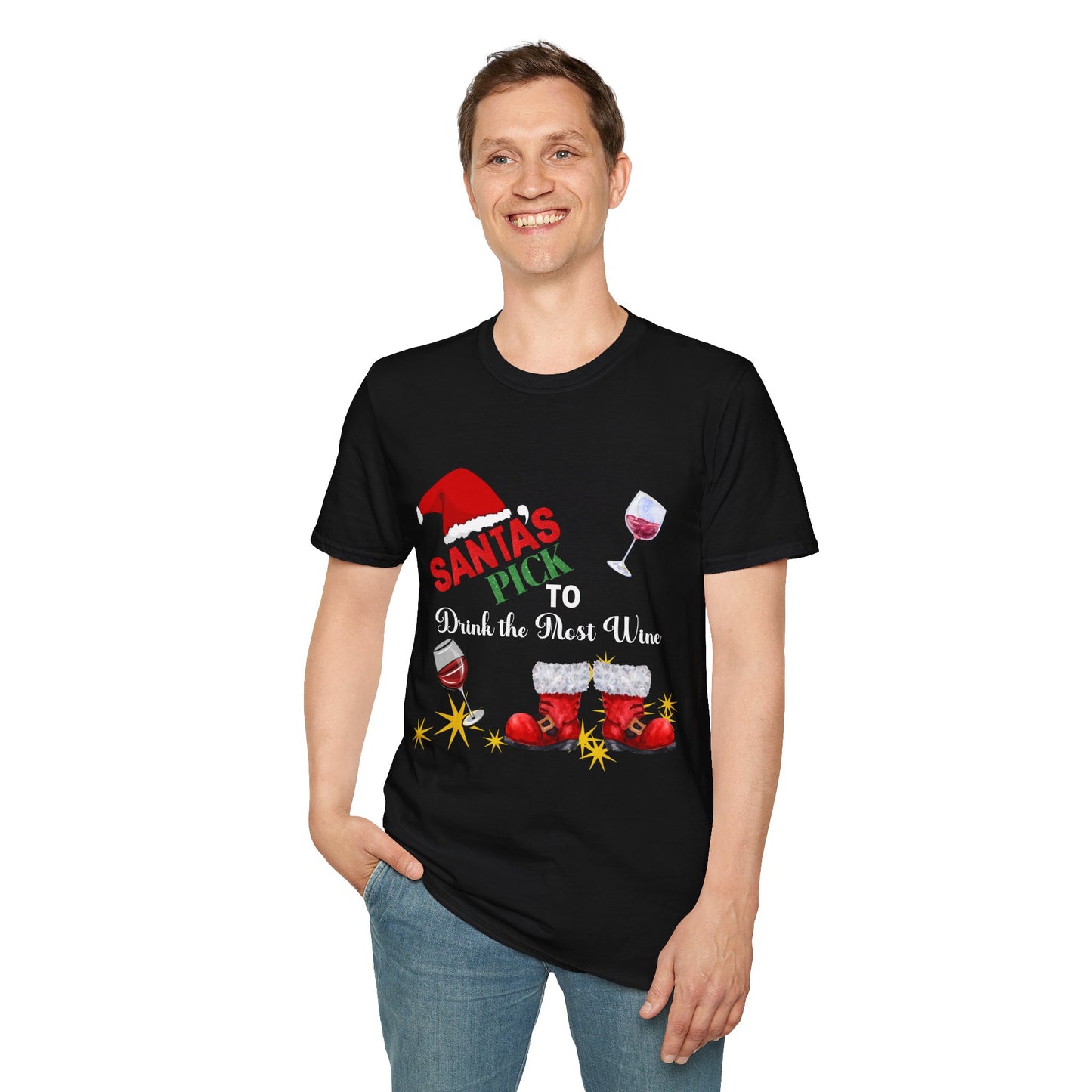 1A - Funny Christmas Unisex T-Shirt Santa's Pick To Drink The Most Wine