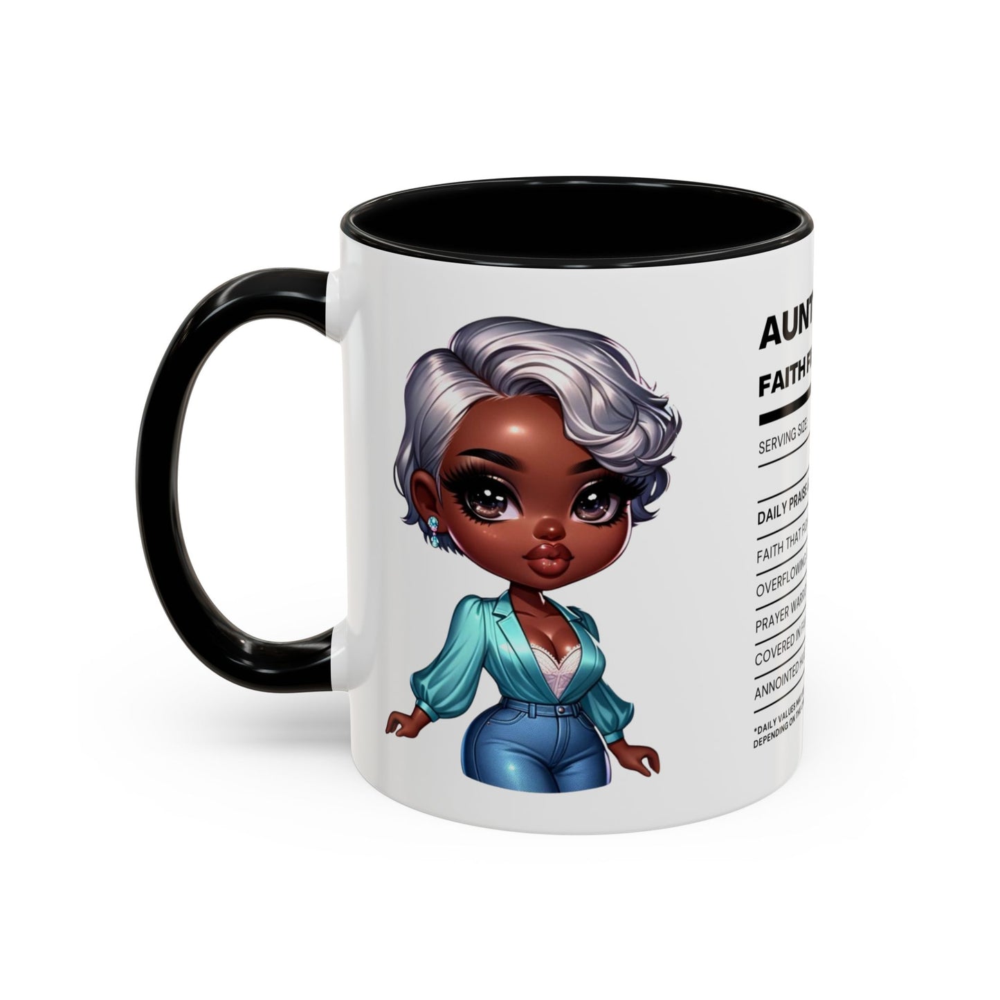 Aunty Vibes Coffee and Faith Filled Nutrition Facts Afrocentric White Mug with Contrasting Colors 11 oz