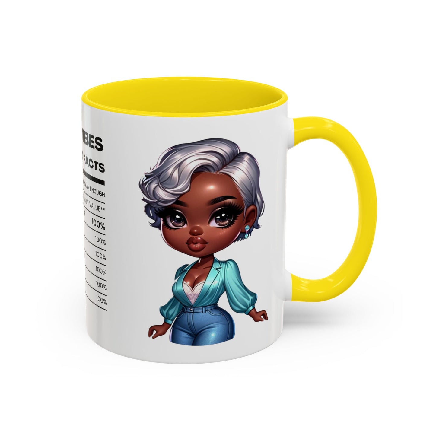 Aunty Vibes Coffee and Faith Filled Nutrition Facts Afrocentric White Mug with Contrasting Colors 11 oz