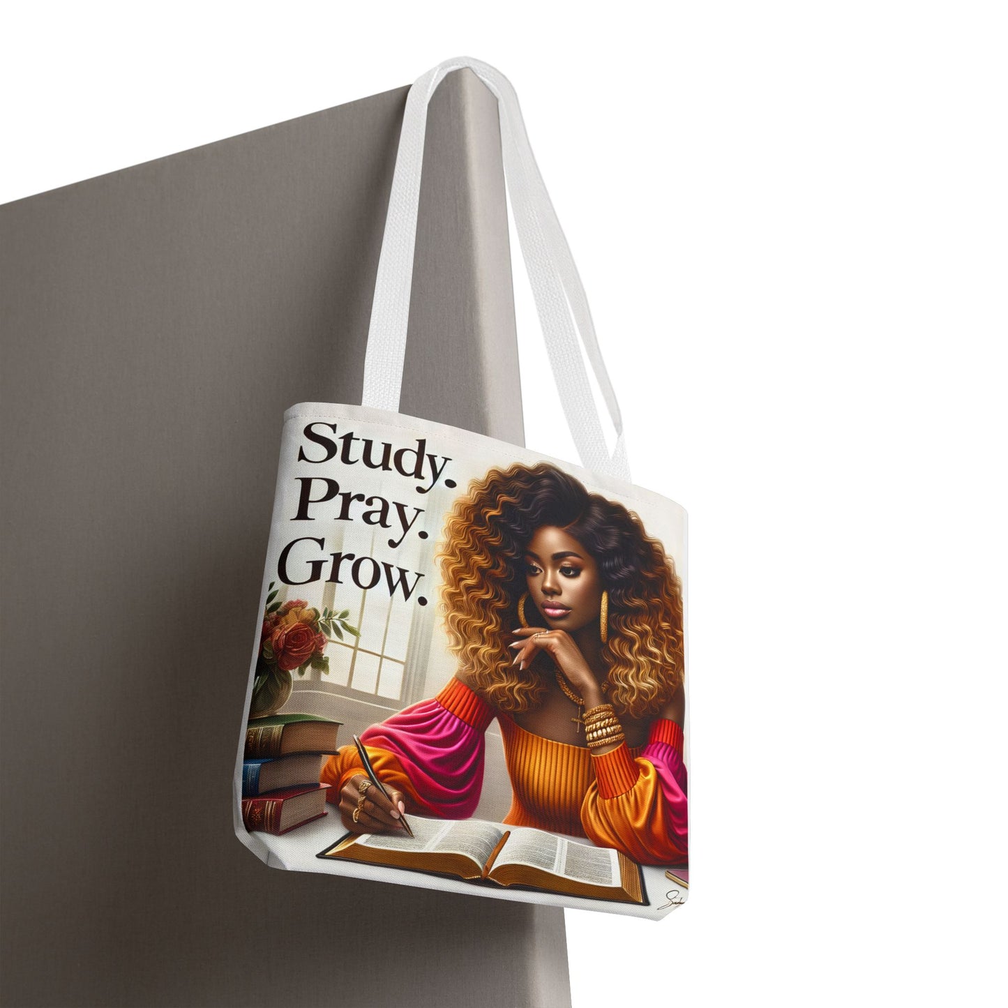 Inspirational Prayer Tote Bag with African American Lady that Says Study. Pray. Grow.
