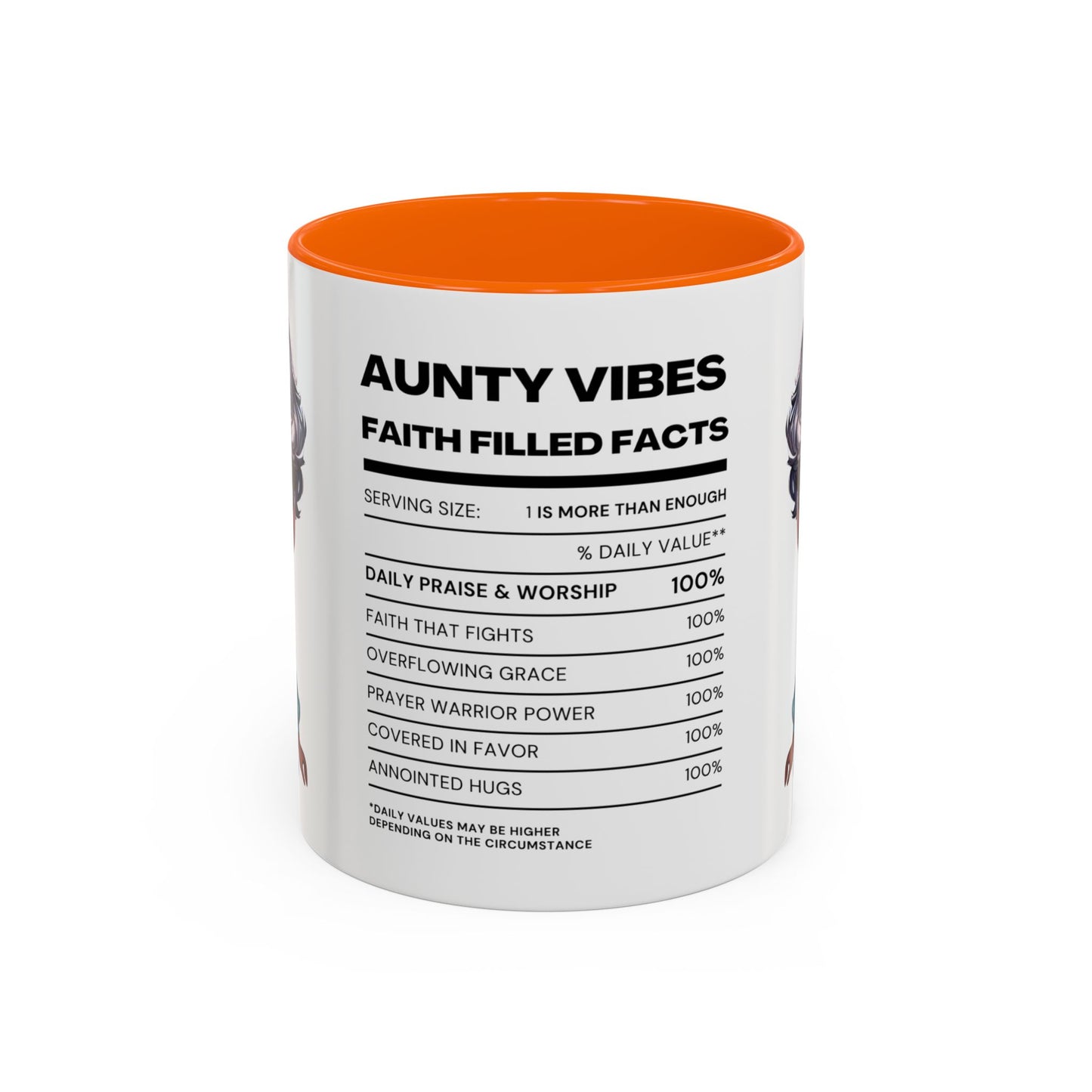 Aunty Vibes Coffee and Faith Filled Nutrition Facts Afrocentric White Mug with Contrasting Colors 11 oz