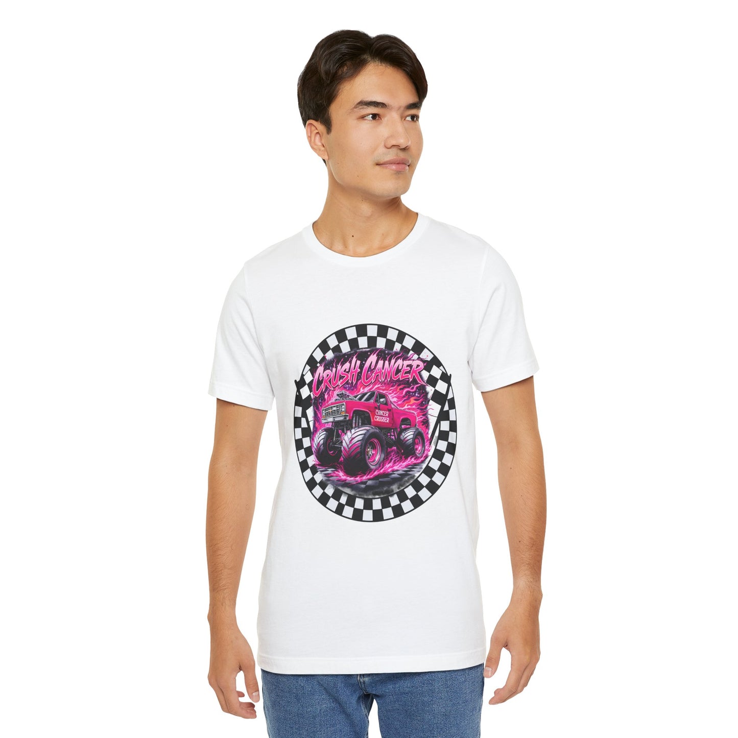 Pink Monster Truck "Crush Cancer" Breast Cancer Awareness T-Shirt – Black & White Checkered Graphic Tee