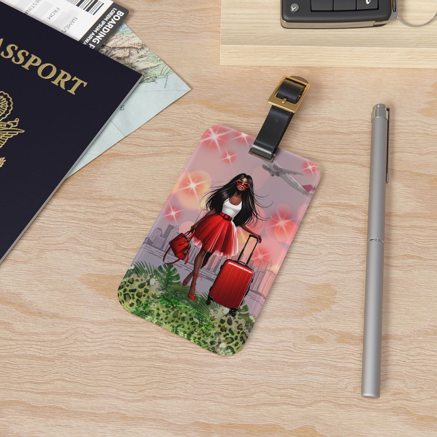 Chic Travel Luggage Tag Stylish African American Woman with Red Suitcase Design