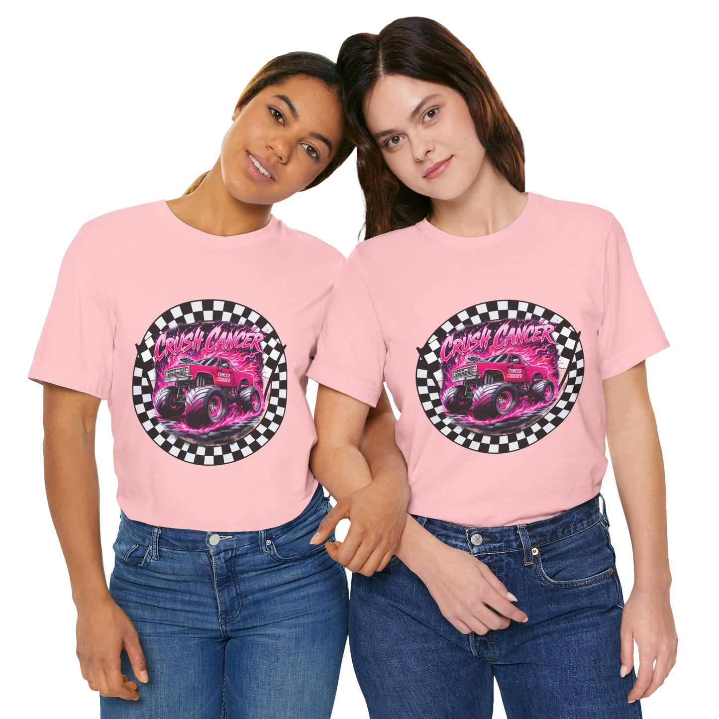 Pink Monster Truck "Crush Cancer" Breast Cancer Awareness T-Shirt – Black & White Checkered Graphic Tee