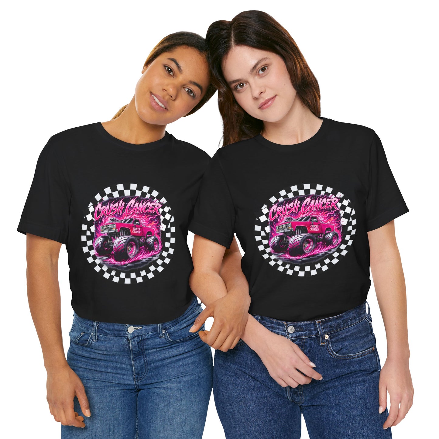 Pink Monster Truck "Crush Cancer" Breast Cancer Awareness T-Shirt – Black & White Checkered Graphic Tee