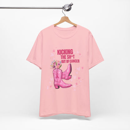 Kicking the Sh*t Out of Cancer Shirt – Pink Glitter Cowgirl Boots Tee, Breast Cancer Awareness Graphic, Bold Survivor Shirt, Multiple Colors and Sizes