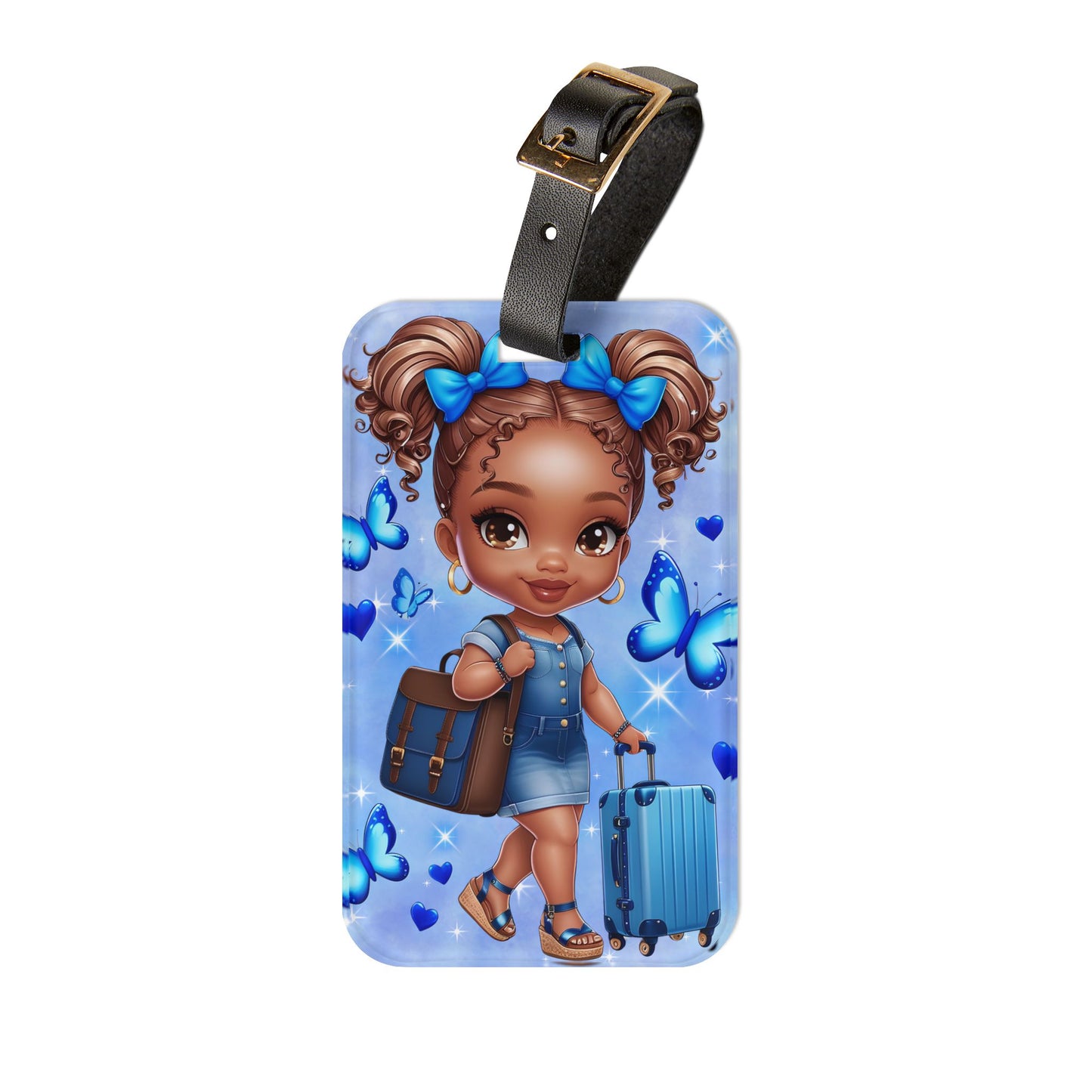 African American Girl Dressed In Blue with Butterflies Luggage Tag | Travel-Themed Blue Fashion Illustration