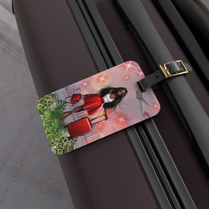 Chic Travel Luggage Tag  Stylish African American Woman with Red Suitcase Design