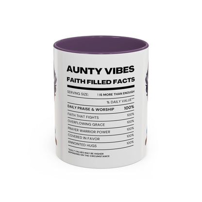 Aunty Vibes Coffee and Faith Filled Nutrition Facts Afrocentric White Mug with Contrasting Colors 11 oz