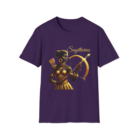 Sagittarius Zodiac Purple T-Shirt Featuring Afrocentric Golden Archer  Astrology Gift for Sagittarius Season & Cultural Fashion Unisex Softstyle T-Shirt