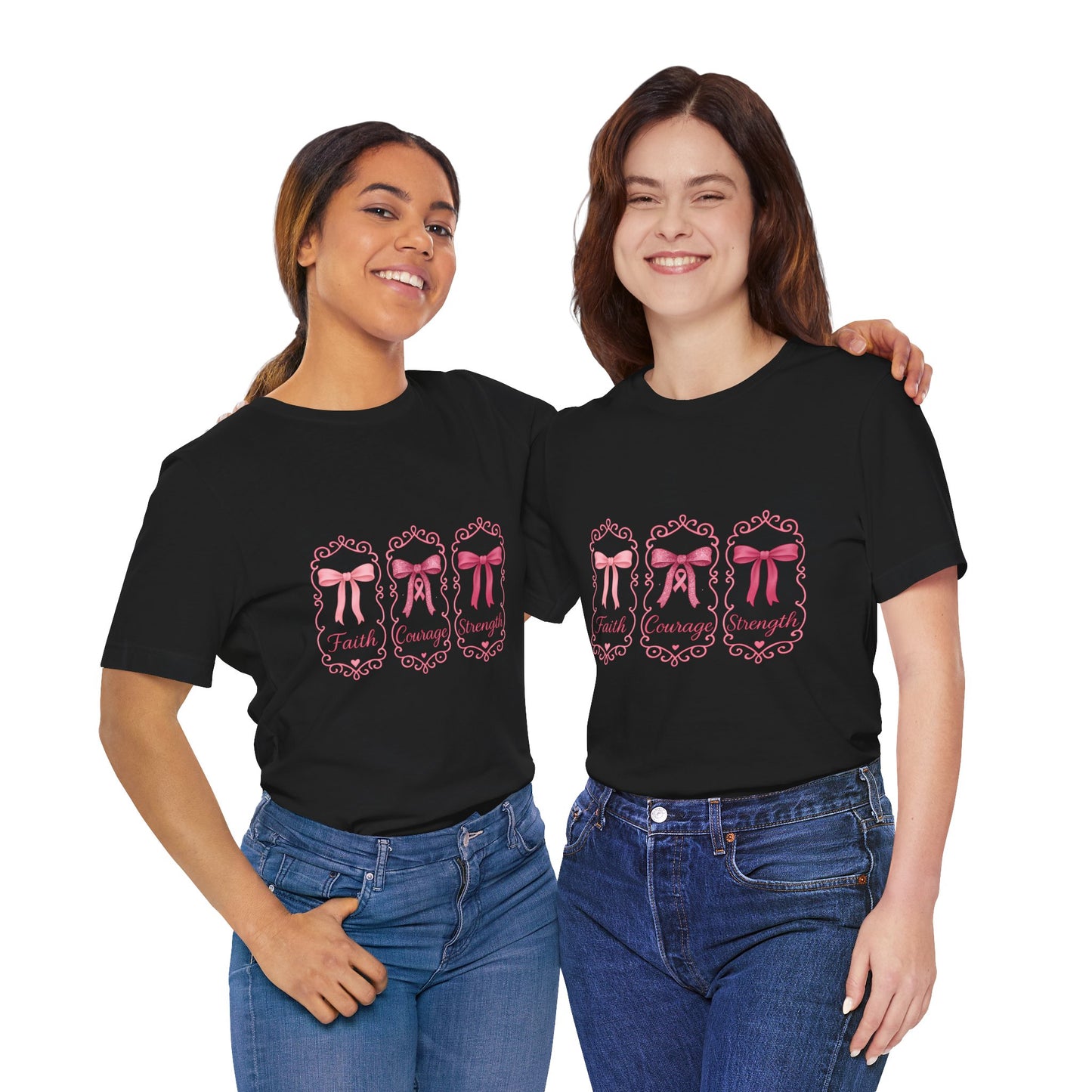 Faith Courage Strength Bow T-Shirt – Breast Cancer Awareness Tee – Pink Ribbon Shirt for Women – Available in Pink, White, and Black