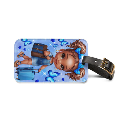 African American Girl Dressed In Blue with Butterflies Luggage Tag | Travel-Themed Blue Fashion Illustration