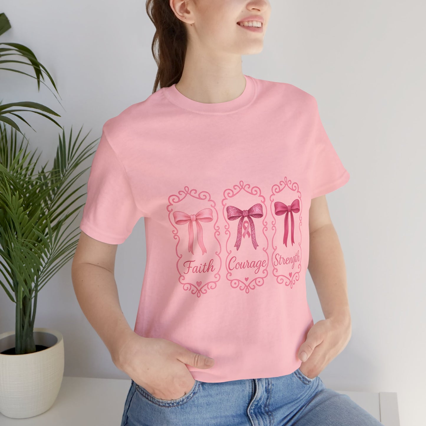 Faith Courage Strength Bow T-Shirt – Breast Cancer Awareness Tee – Pink Ribbon Shirt for Women – Available in Pink, White, and Black