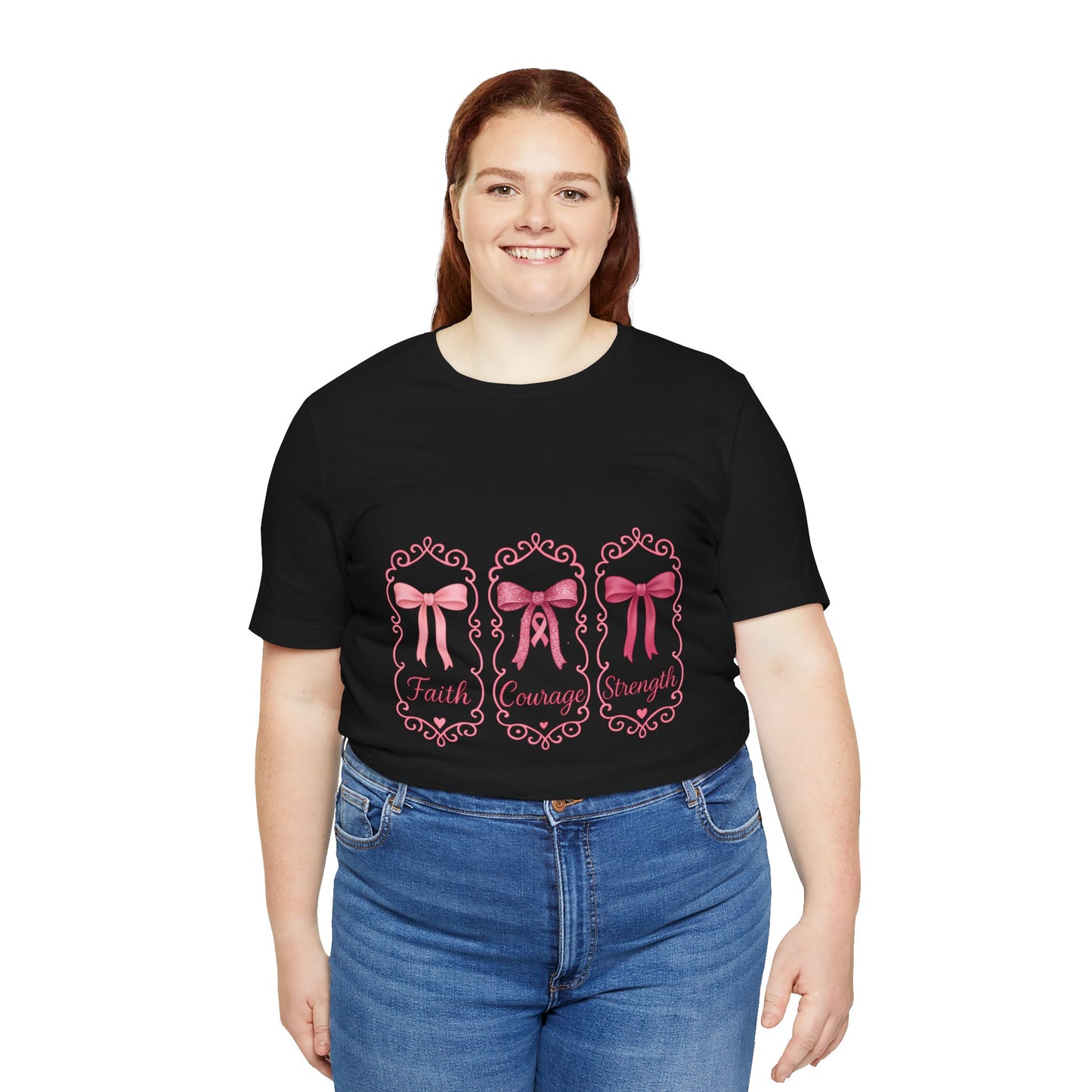 Faith Courage Strength Bow T-Shirt – Breast Cancer Awareness Tee – Pink Ribbon Shirt for Women – Available in Pink, White, and Black