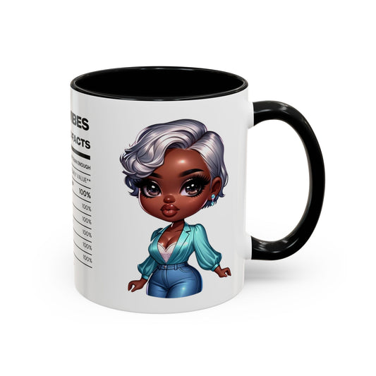 Aunty Vibes Coffee and Faith Filled Nutrition Facts Afrocentric White Mug with Contrasting Colors 11 oz