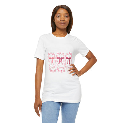 Faith Courage Strength Bow T-Shirt – Breast Cancer Awareness Tee – Pink Ribbon Shirt for Women – Available in Pink, White, and Black
