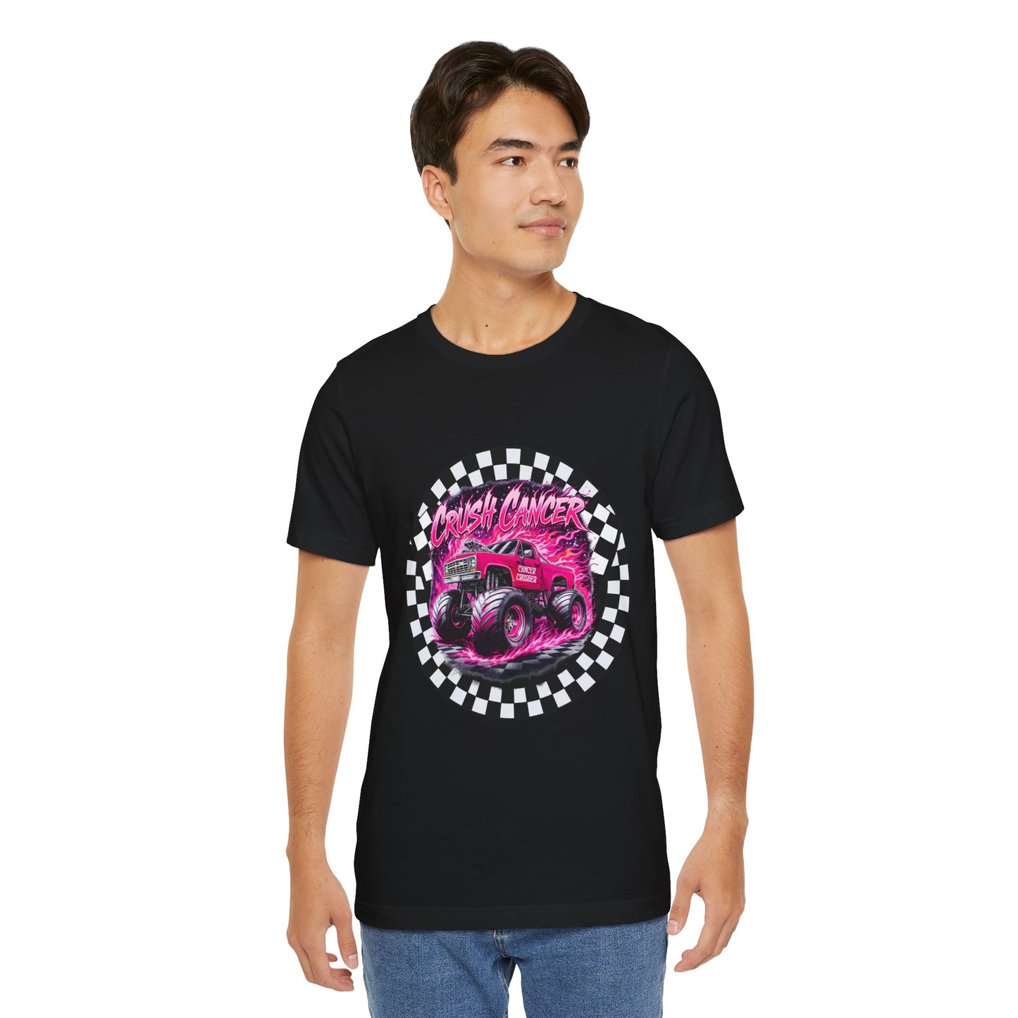 Pink Monster Truck "Crush Cancer" Breast Cancer Awareness T-Shirt – Black & White Checkered Graphic Tee