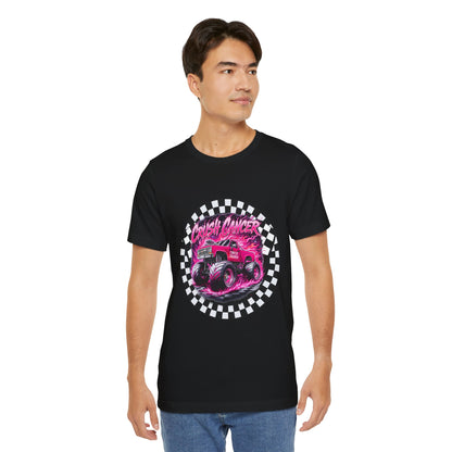 Pink Monster Truck "Crush Cancer" Breast Cancer Awareness T-Shirt – Black & White Checkered Graphic Tee