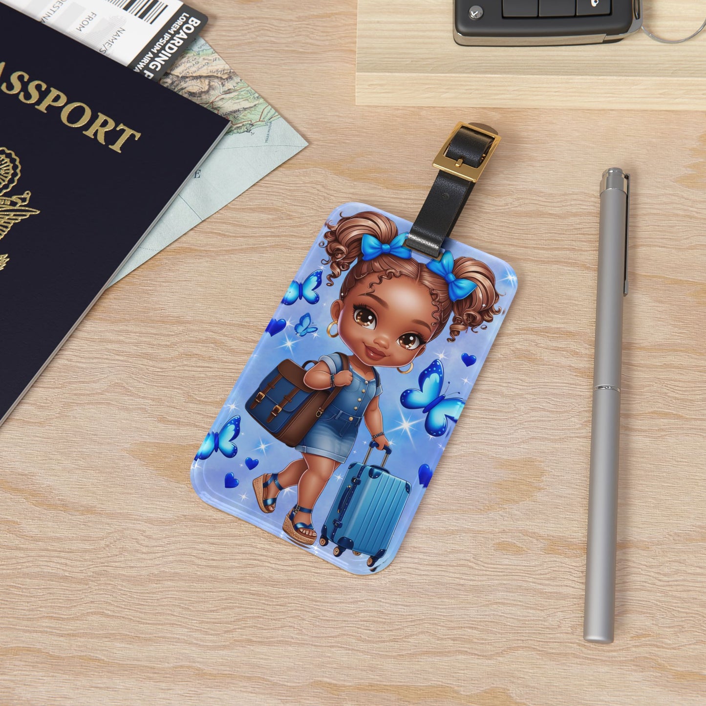 African American Girl Dressed In Blue with Butterflies Luggage Tag | Travel-Themed Blue Fashion Illustration