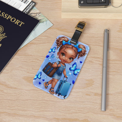African American Girl Dressed In Blue with Butterflies Luggage Tag | Travel-Themed Blue Fashion Illustration