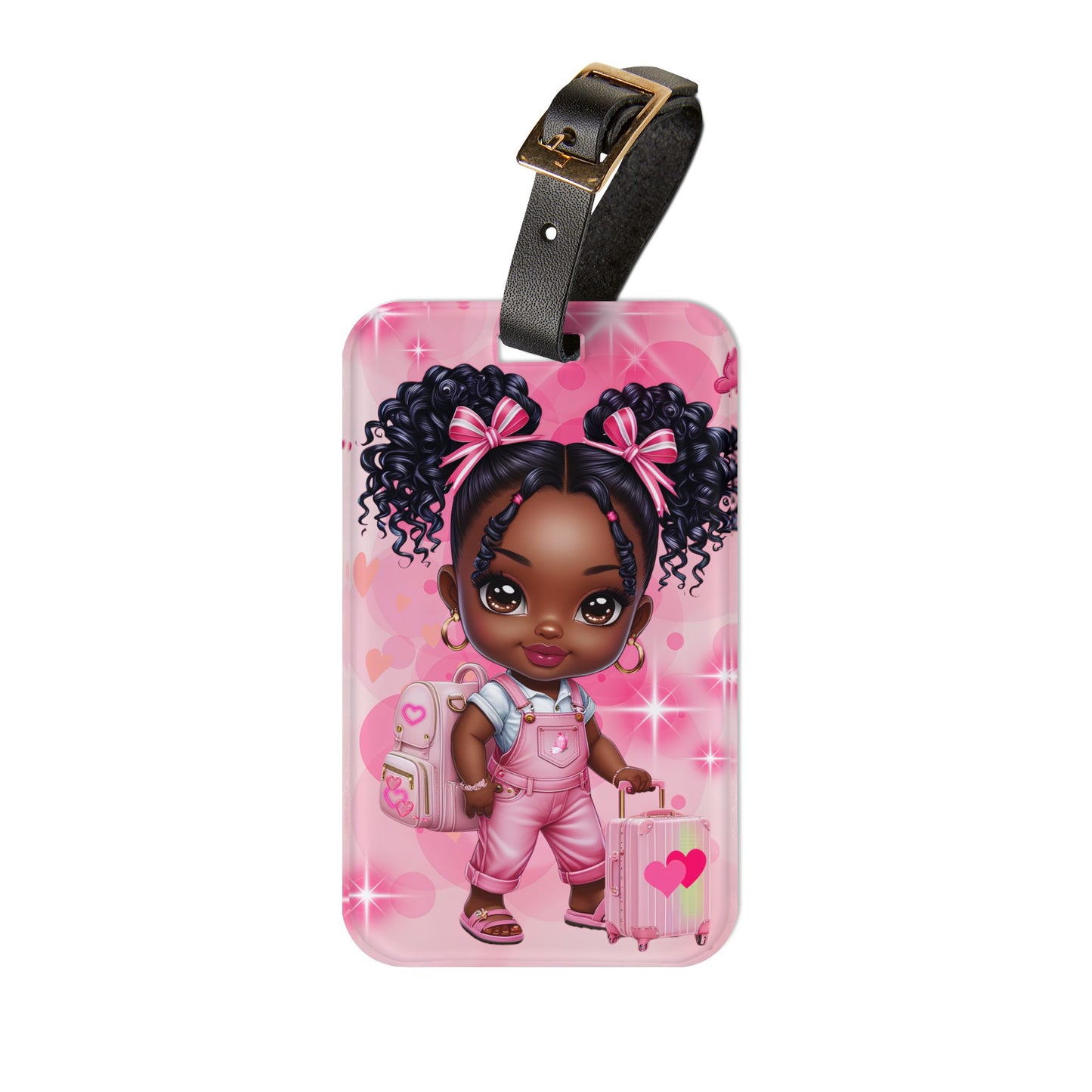 Pink Luggage Tag with African American Girl Design - Perfect Travel Accessory for Little Girls