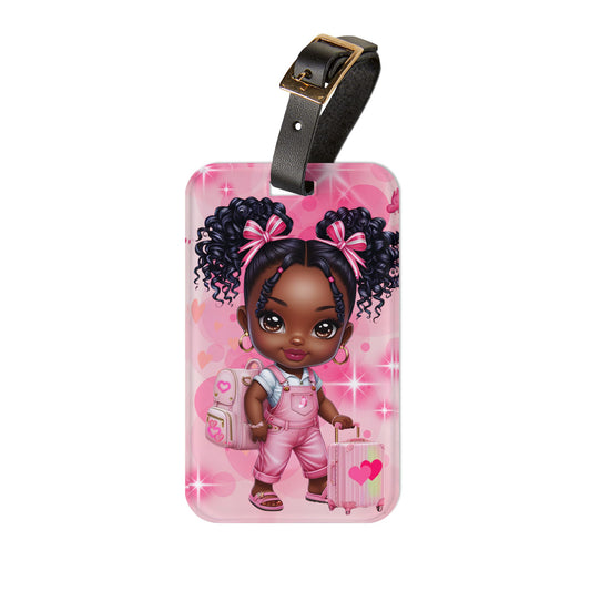 Pink Luggage Tag with African American Girl Design - Perfect Travel Accessory for Little Girls