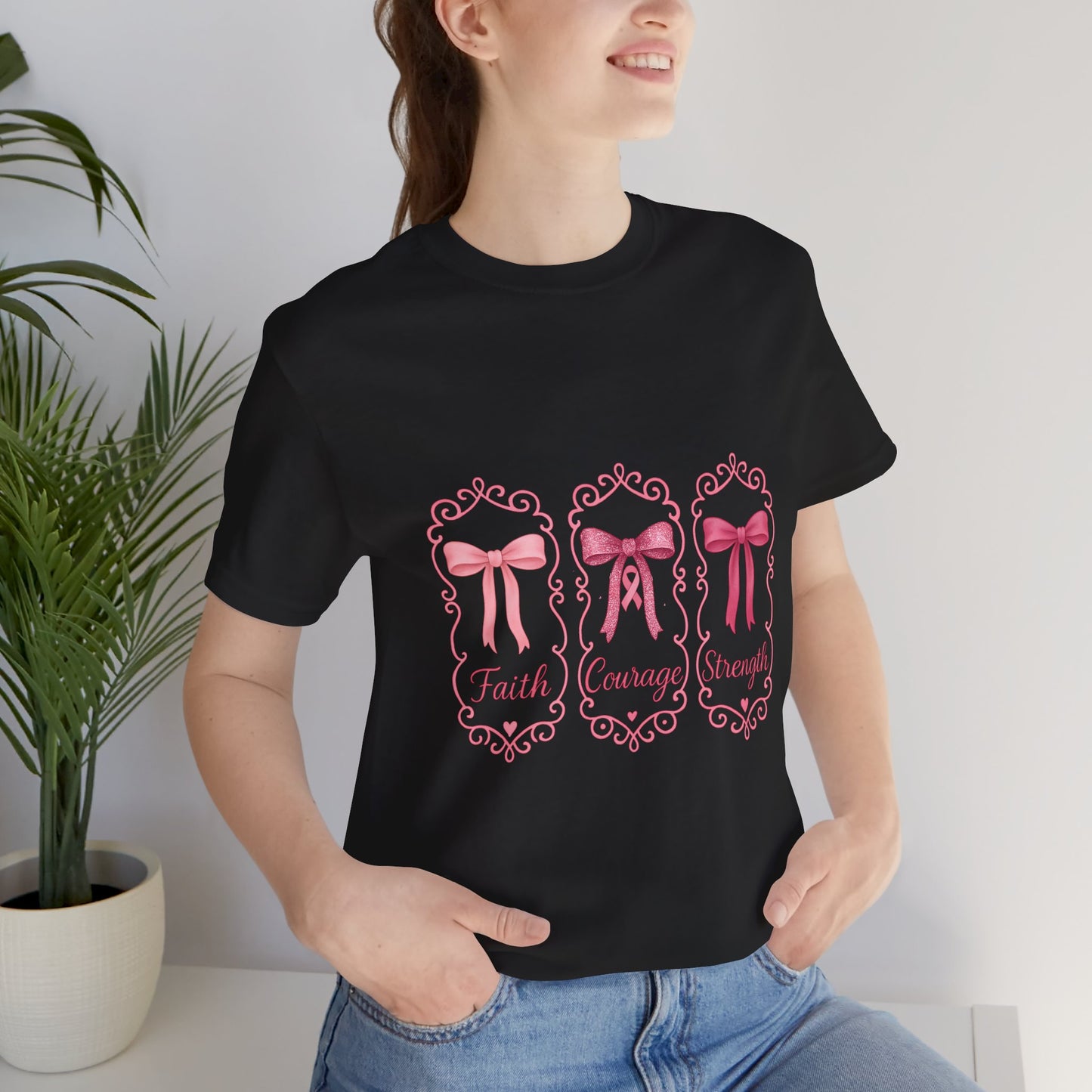 Faith Courage Strength Bow T-Shirt – Breast Cancer Awareness Tee – Pink Ribbon Shirt for Women – Available in Pink, White, and Black