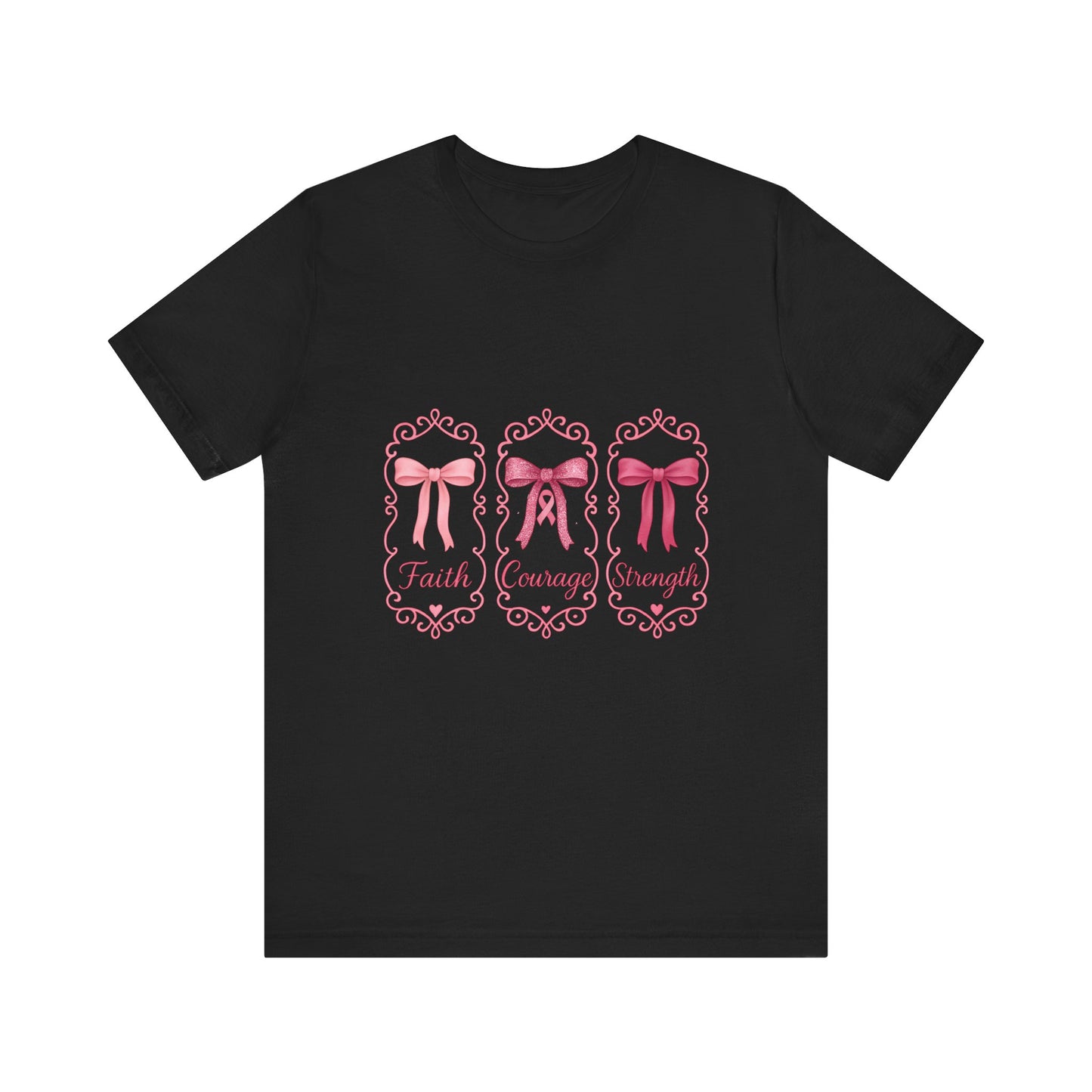 Faith Courage Strength Bow T-Shirt – Breast Cancer Awareness Tee – Pink Ribbon Shirt for Women – Available in Pink, White, and Black