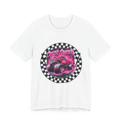 Pink Monster Truck "Crush Cancer" Breast Cancer Awareness T-Shirt – Black & White Checkered Graphic Tee