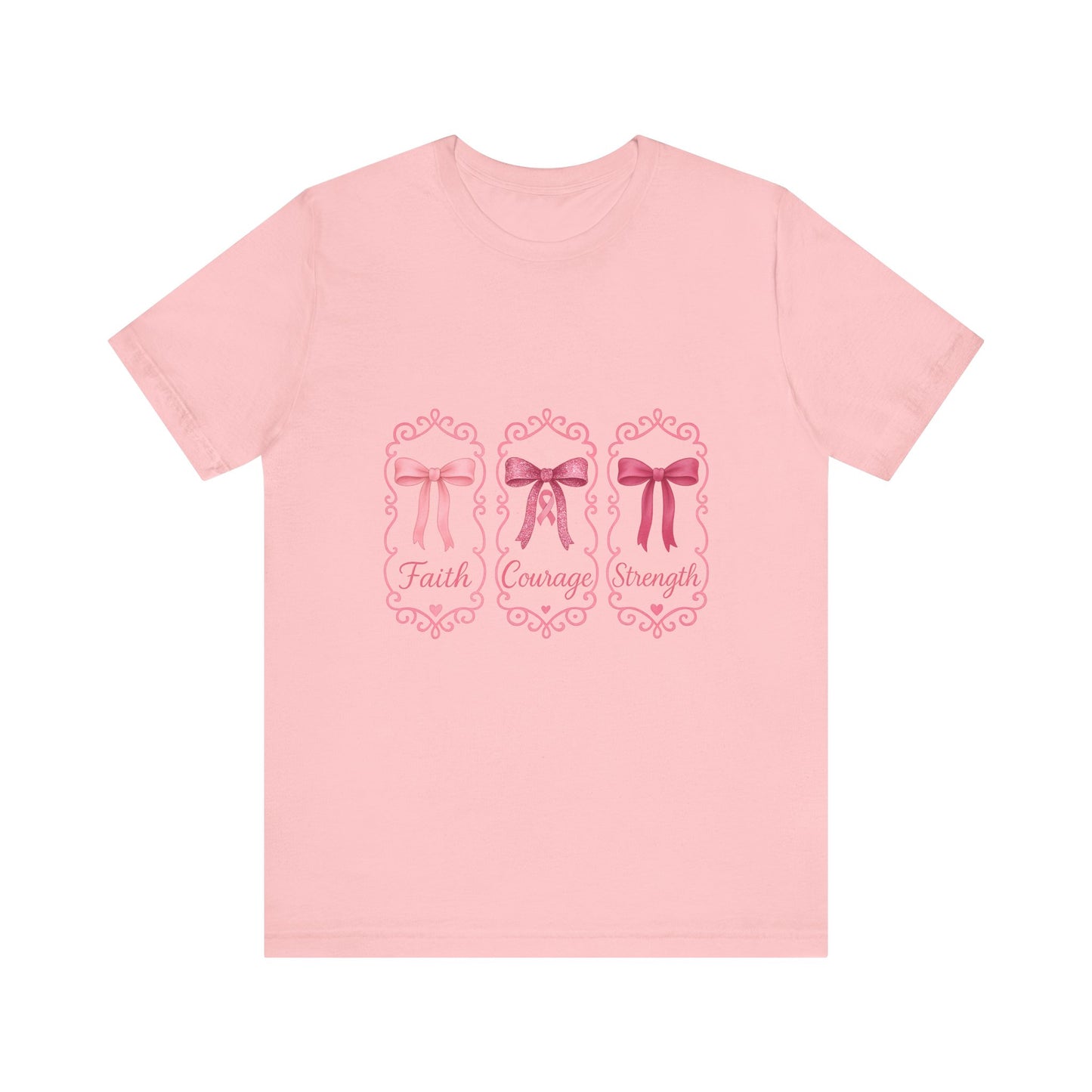 Faith Courage Strength Bow T-Shirt – Breast Cancer Awareness Tee – Pink Ribbon Shirt for Women – Available in Pink, White, and Black