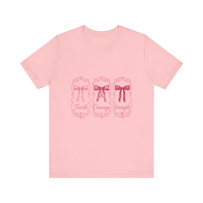 Faith Courage Strength Bow T-Shirt – Breast Cancer Awareness Tee – Pink Ribbon Shirt for Women – Available in Pink, White, and Black