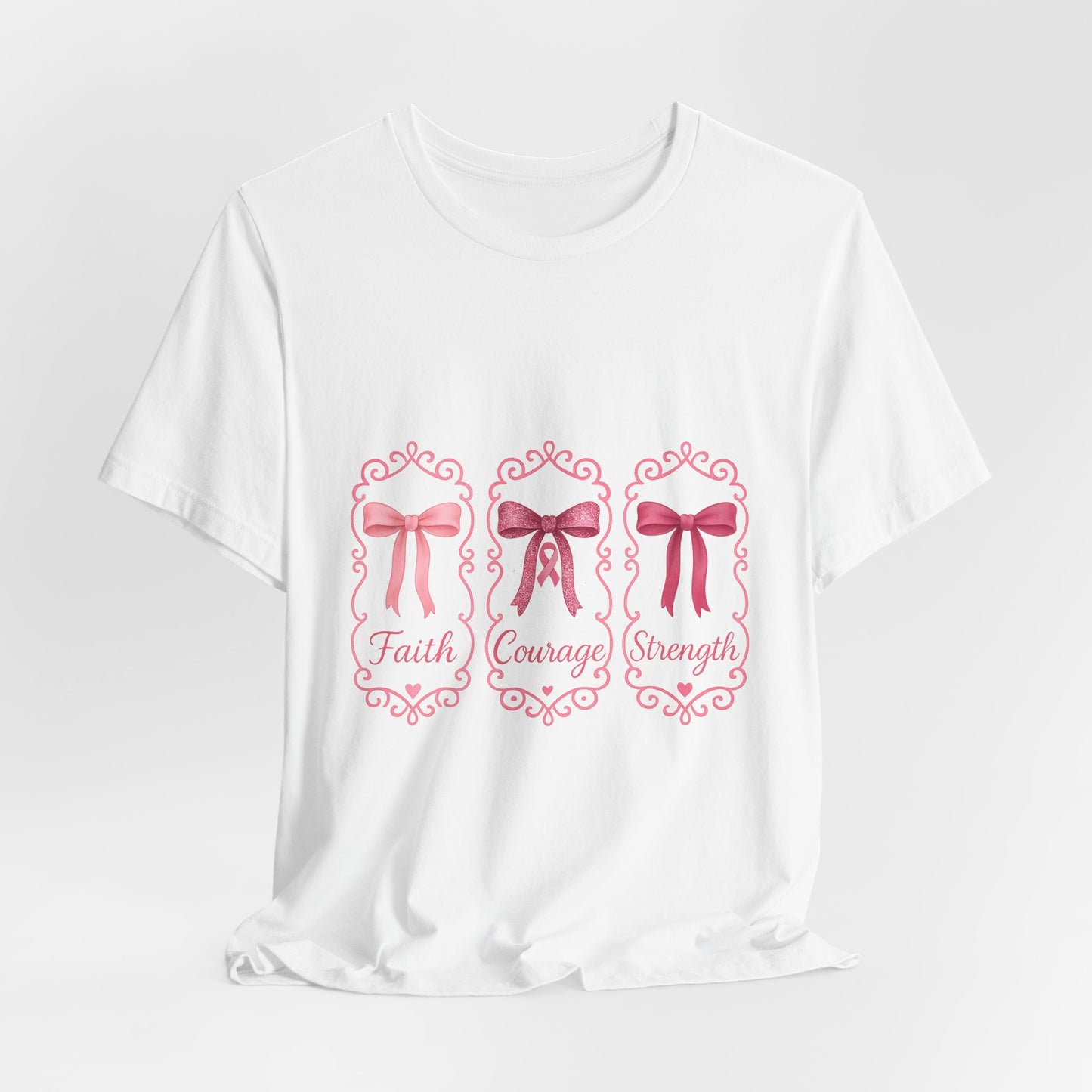 Faith Courage Strength Bow T-Shirt – Breast Cancer Awareness Tee – Pink Ribbon Shirt for Women – Available in Pink, White, and Black