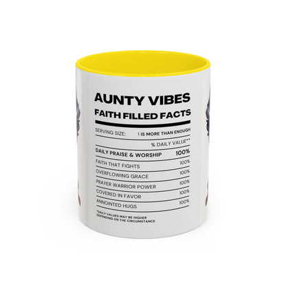 Aunty Vibes Coffee and Faith Filled Nutrition Facts Afrocentric White Mug with Contrasting Colors 11 oz