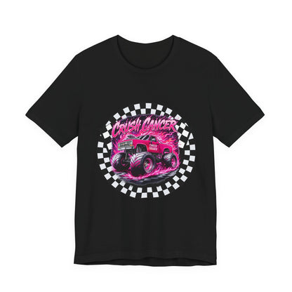 Pink Monster Truck "Crush Cancer" Breast Cancer Awareness T-Shirt – Black & White Checkered Graphic Tee
