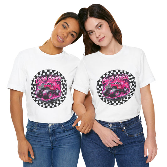 Pink Monster Truck "Crush Cancer" Breast Cancer Awareness T-Shirt – Black & White Checkered Graphic Tee