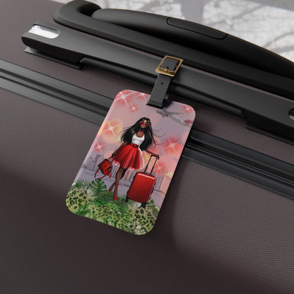 Chic Travel Luggage Tag  Stylish African American Woman with Red Suitcase Design