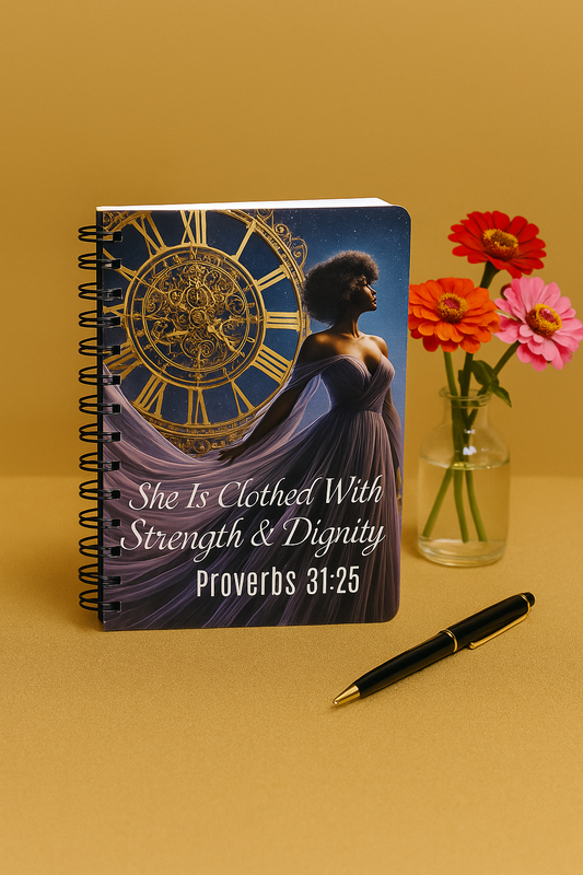 She Is Clothed With Strength and Dignity JournalProverbs 31:25 Elegant Black Woman Notebook or Inspirational Scripture Gift Spiral Bound Journal